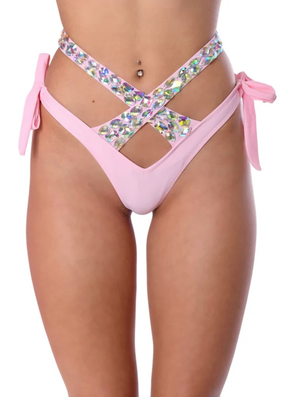 Women’s Pink Rhinestone Crisscross Bikini Bottom